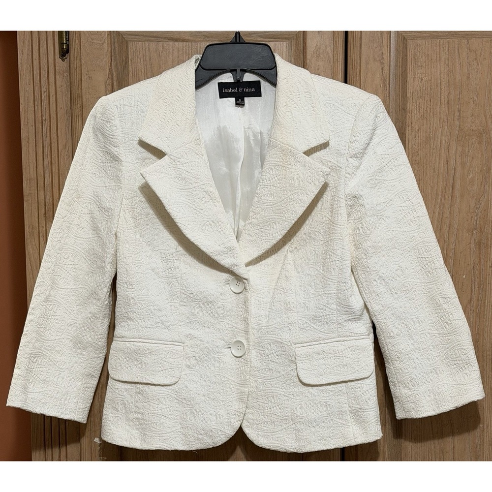 Isabel & Nina White Textured Blazer Jacket Women's Size 6 Notched Lapels Lined